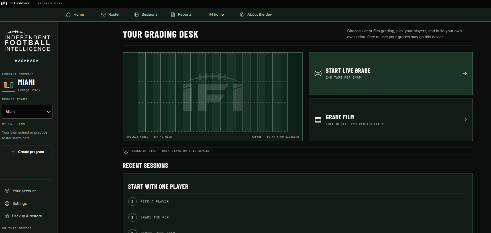 IFI Hashmark home page showing Your grading desk, live grading, film grading, and recent sessions