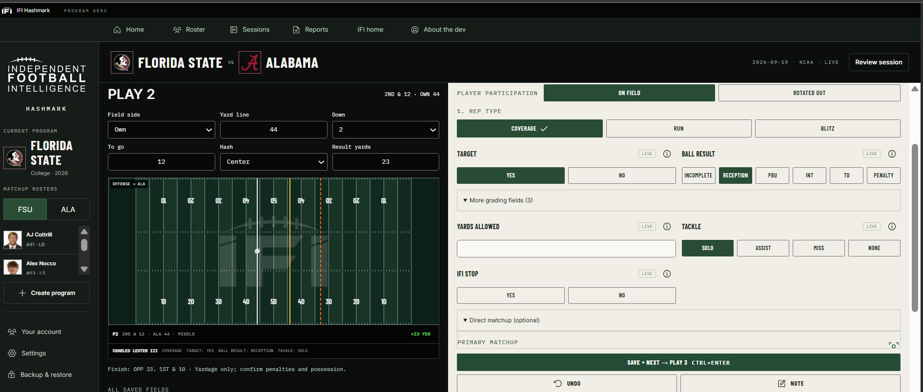 Hashmark play details showing a reception, tackle controls, and the play result marked on the field