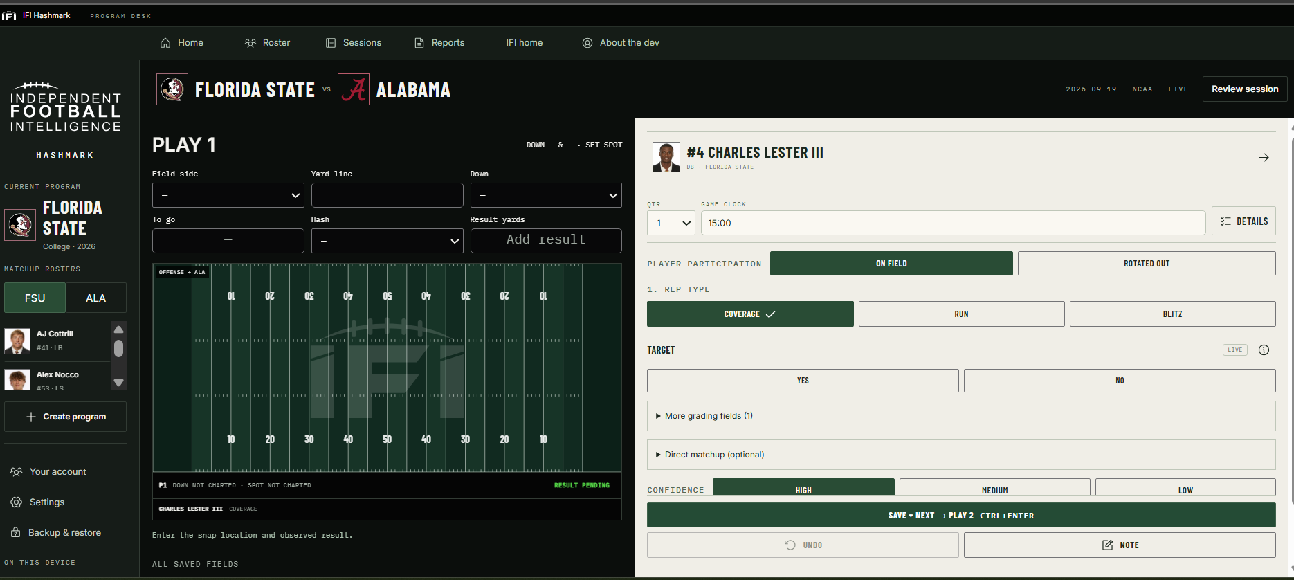 Charles Lester III of Florida State, with his player photo, loaded in the Hashmark grading workspace